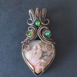 Rhodonite Wire Wrapped Pendant with Green Accents